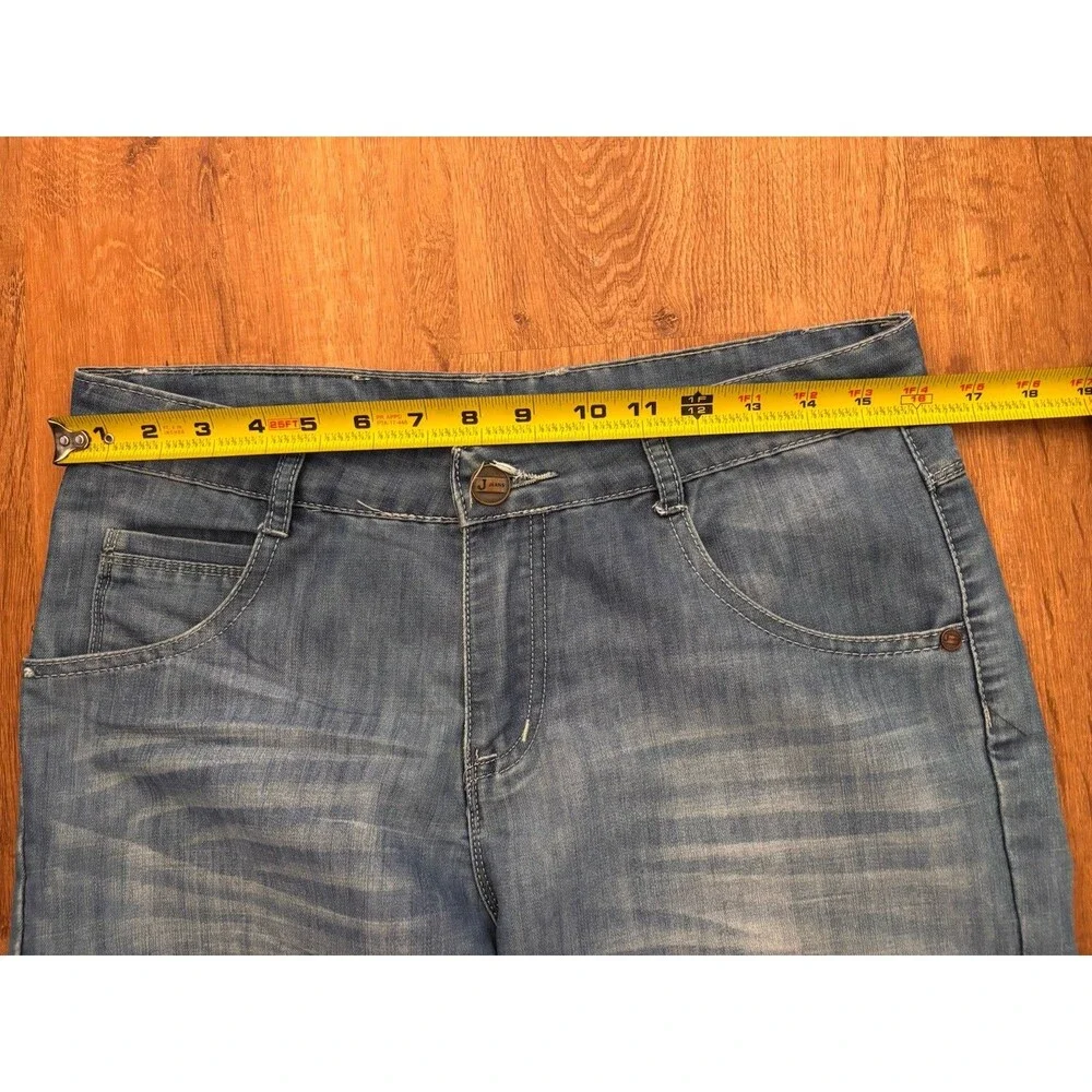 Fast Fish Blue Denim Long Jean Shorts Medium Wash 5-Pocket Zip Logo, 31W